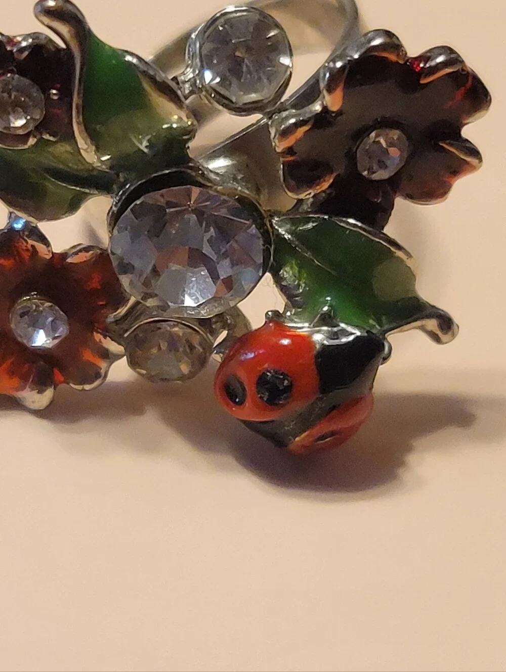Silver Floral Ring with Green Leaves and Red Ladybug Accent Size 6